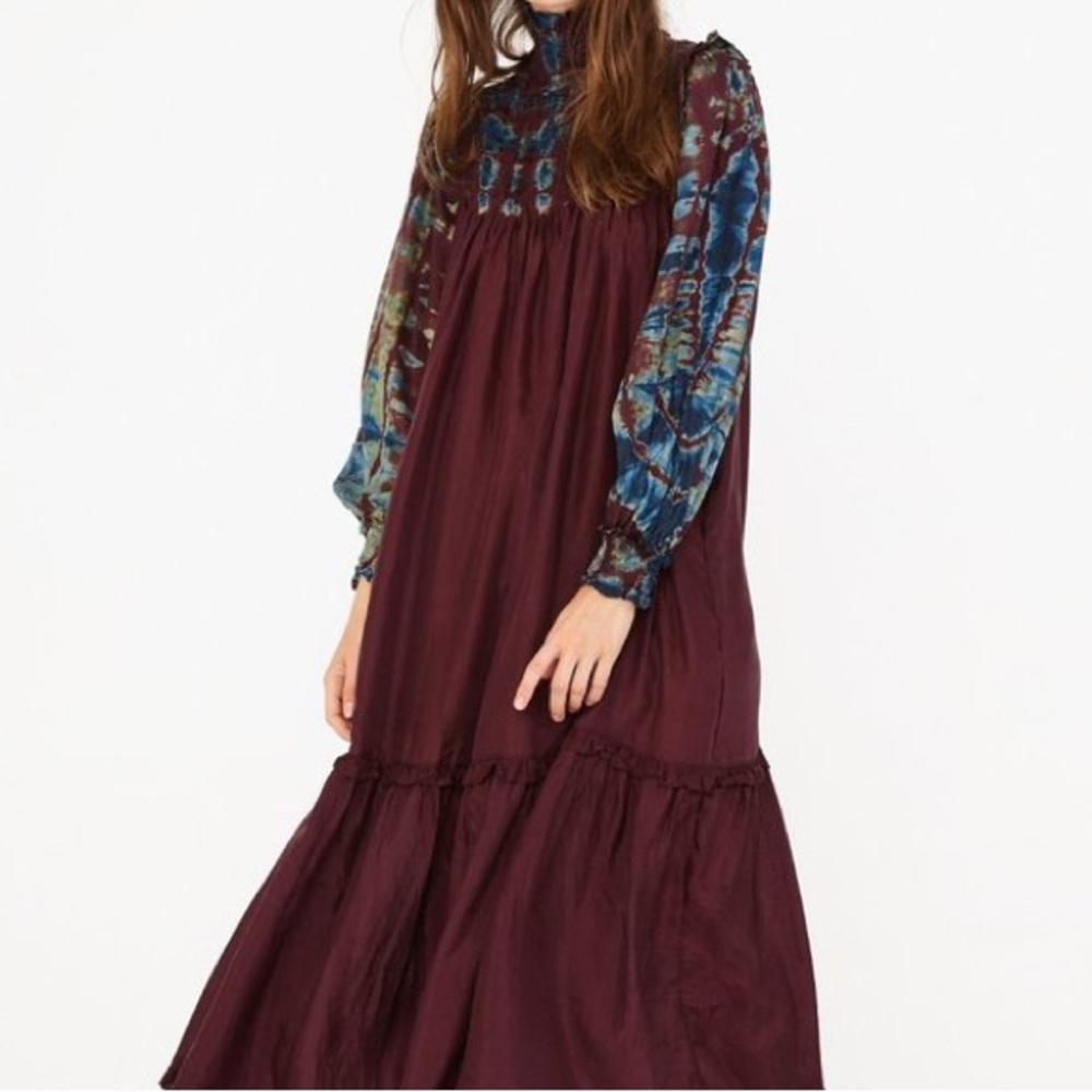 Raquel Allegra Navy Maxi Dress with Blue Patterned Sleeve